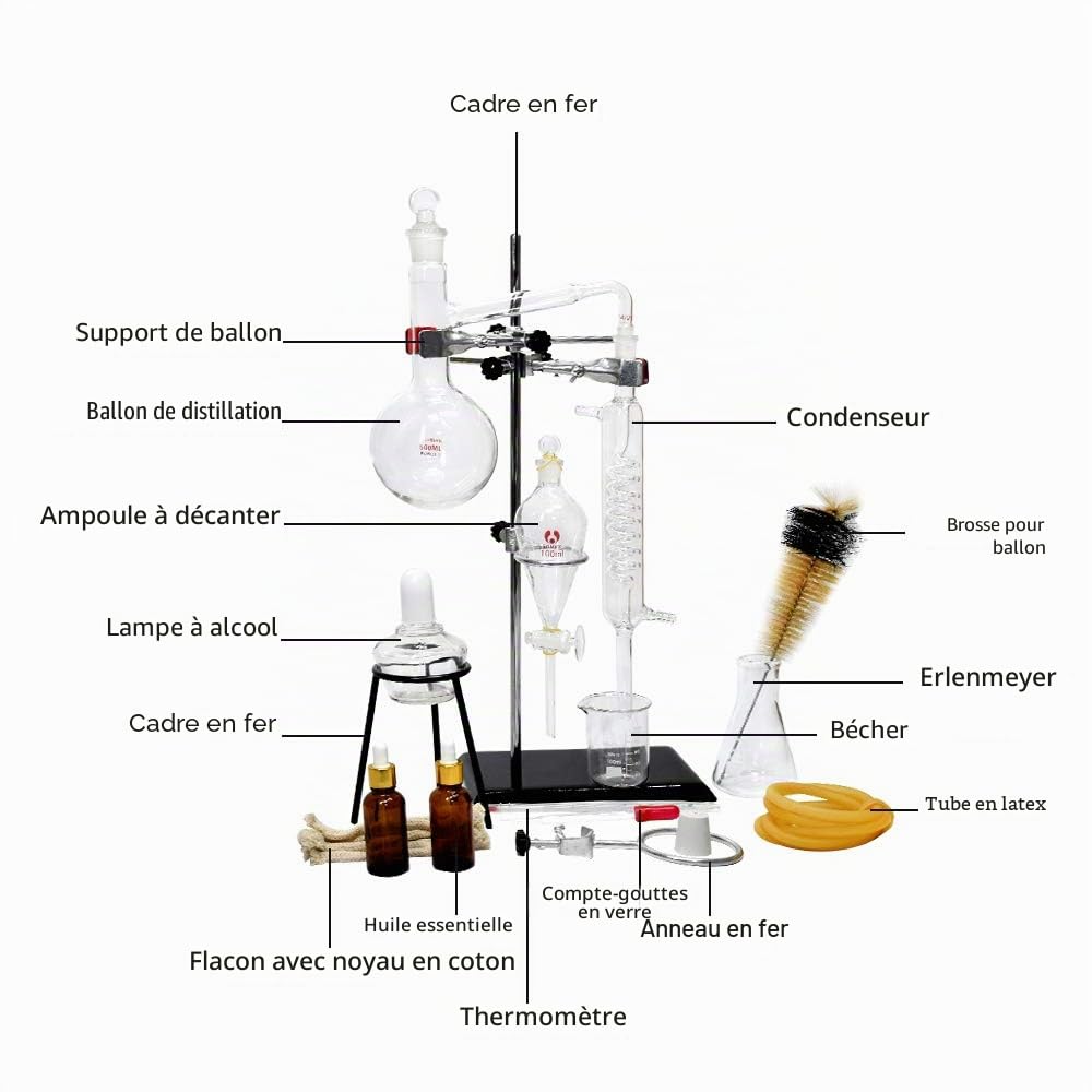 Kit professionnel de distillation à vapeur en verre 500 ml pour huiles essentielles, kit de verrerie de laboratoire avec bouteille épaisse, condensateur serpentin
