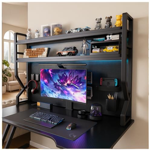 Desktop Hutch Bookshelf,Many Gifts,Metal Desktop Bookcase with pegboard, Desk Shelf, Countertop Storage Organizer Rack for Dorm or Office,Desktop Shelves (Black, 45.3" Lx9.9 Wx39 H)