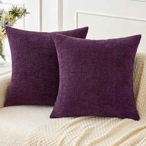 Image of MIULEE Pack of 2 Couch Throw Pillow Covers 20x20 Inch Soft Plum Purple Chenille Pillow Covers for Sofa Living Room Solid Dyed Pillow Cases