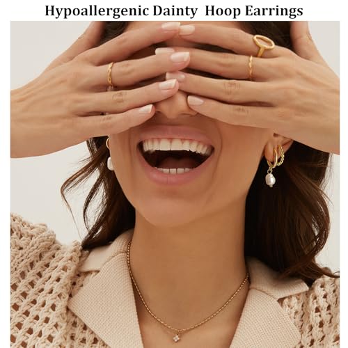 HAIAISO Small 14K Gold Plated Huggie Hoop Earrings for Women Lightweight Double Piercing Chain Earrings Dainty Stud Earrings Hypoallergenic 14K Gold Plated Hoop Earrings Set4