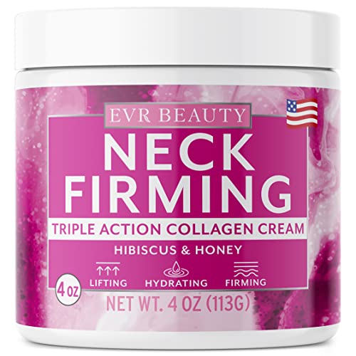 EVR Beauty Neck & Skin Firming & Tightening Cream – Anti-Aging Facial Moisturizer – 4oz – Collagen & Hyaluronic Acid – Hibiscus & Honey – Double Chin Reducer – Day & Night Anti-Wrinkle Cream – Face & Neck – Men & Women