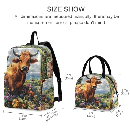 Farm Cow Print Backpack Set with Lunch Bag, Large Capacity Travel Backpacks and Lunch Box Insulated for Commute Hiking Picnic2
