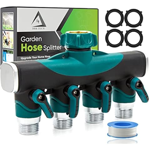 4 Way Hose Splitter (Superior Durability), Premium Garden Hoses Connector, 4 Way Heavy Duty Water Valve for Spigot Faucet Bib, Four Outlet with On Off Valve, Rust-Resistant Adapter, Zero Leaks, Green Cover