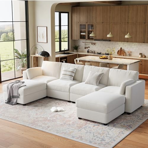 IDEALHOUSE 135.5" Modular Sectional Sofa, 6 Seater Sectional Couch, U-Shape Modern Sofa with Ottoman, Deep Seat, Oversized Convertible Modular Couch for Living Room Apartment Office, Chenille, Beige by IDEALHOUSE - Used condition - US$826.24