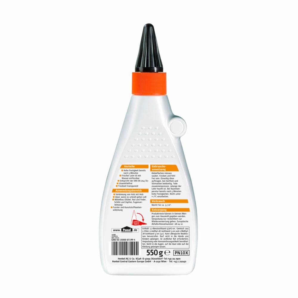 Ponal Express Holzleim, transparent und schnell trocknender Holzkleber für vielseitige Verleimungs- & Bastelarbeiten, wasserfester Leim in praktischer Flasche, 3x550g