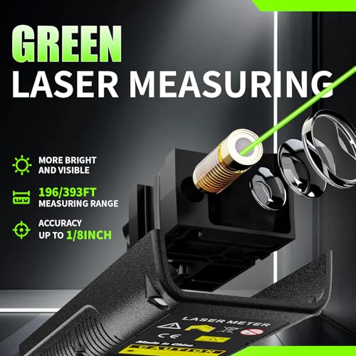 Green Laser Distance Meter 196ft – USB Rechargeable Digital Laser Measure with Angle Sensor, Backlit LCD, Area/Volume/Pythagorean, ±3mm Accuracy, Electronic Measuring Tool for Construction & DIY