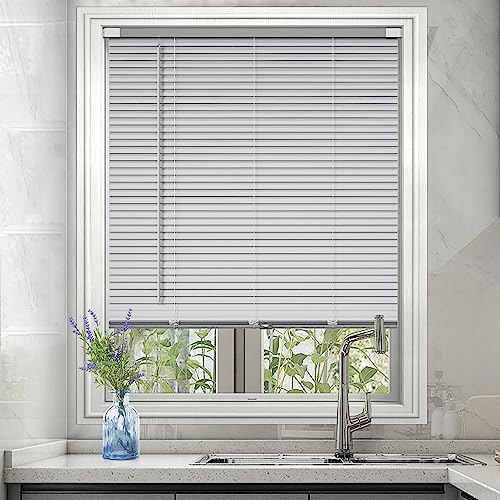 Raoot Mini-Cordless Horizontal-Blinds For Windows, No Tools No-Drill Window Blinds 24" W X 64" H Inside Mount Window - Shades With Tilt Wand, Light Filtering Vinyl-Blind (Silver Grey) #TOP8