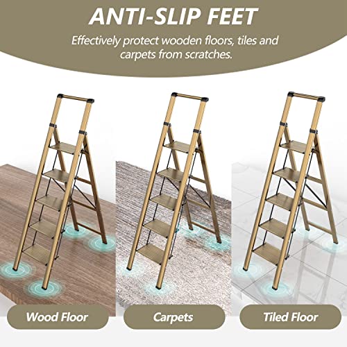 5 Step Ladder, Folding Step Stool, Lightweight Aluminum Foldable Ladder With Anti-Slip Wide Sturdy Pedal And Handgrip, Multi-Use For Home, Library, Office, Garage (330 Lbs Capacity) - Brown Gold #TOP1