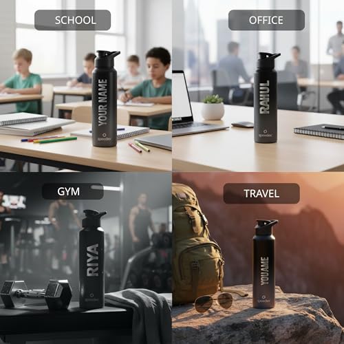 Image of Speedex Engraved Name Stainless Steel Sipper Water Bottle 1 Ltr - Customised Personalised Bottle for Kids & Adults, School, Gym, Sports, Black, Set of 1 (Black Grey, Set Of 1)