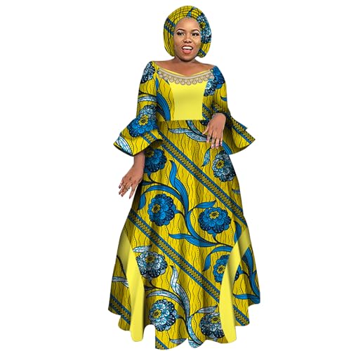 Image of iooiooi Womens African Print Party Maxi Dress Tradition Dashiki Ankara Long Dress & Headwrap