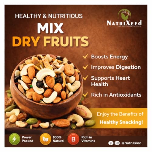 Image of NatriXeed Mix Dry Fruit 1kg | Healthy Mixed Dry Fruit Almonds, Black Raisins, Cashew Nuts, Yellow Dates and Many More | High Energy Dry Nut Snacks 1000gm | Festive Gift | Jar Pack 1000g
