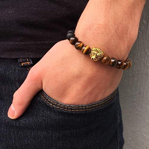 Pulseira Pedras Olho de Tigre e Ágata com Pingente Leão