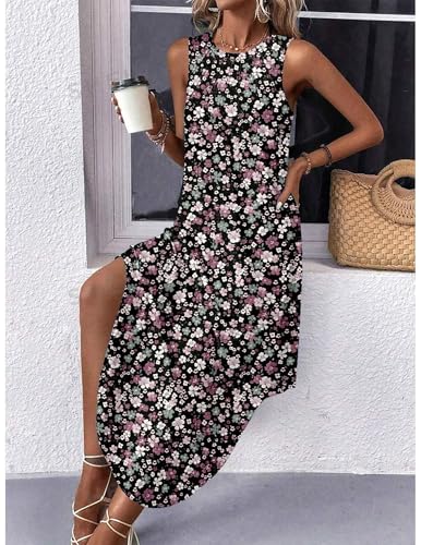 Image of Zeagoo Women Floral Summer Casual Beach Printed Tank Dress with Pockets Pleated Front Long Dress