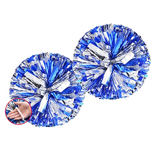 Pom Poms Cheerleading with a White Handle for Sports Party Dance Team Accessories Cheering Squad Spirit (2 Pack Blue Silver).