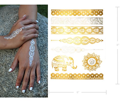 Terra Tattoos Gold Metallic Temporary Tats 75+ Boho Henna Designs Feathers, Tribal, Elephants - Waterproof Nontoxic Long Lasting Perfect For Beach, Festivals, & More! #TOP4