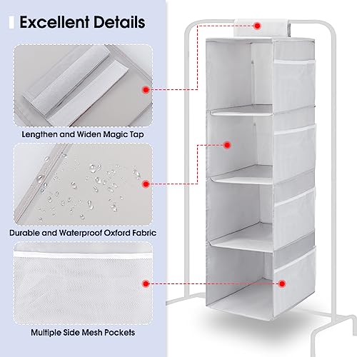 Image of 4-Shelf Hanging Closet Organizer, Space Saver, Closet Hanging Storage Shelves with Mesh Pockets & Magic Tap for Storage, Foldable-Grey