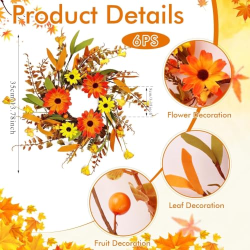 Image of 6 Pcs 3 Inch Fall Daisy Candle Rings Thanksgiving Table Centerpieces Mini Artificial Candle Rings Autumn Daisy Wreaths Cabinets Farmhouse Autumn Wreath for Indoor Front Door Wall Window Decorations