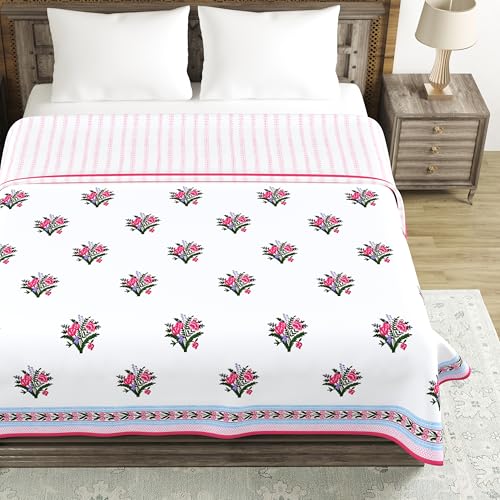 Image of BLOCKS OF INDIA 100% Cotton Dohar King Size Reversible Hand Block Printed Malmal Summer Dohar /Blanket (Pink Green Bunch)