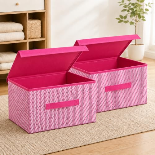 Image of VERVENIX Foldable Storage Box with Lid & Handle, Pack of 2, Clothes Storage Organizer for Wardrobe, Non-Woven Fabric Box for Clothes, Toys, Blankets, Bedsheets, Linen, Stackable Organizer, Pink