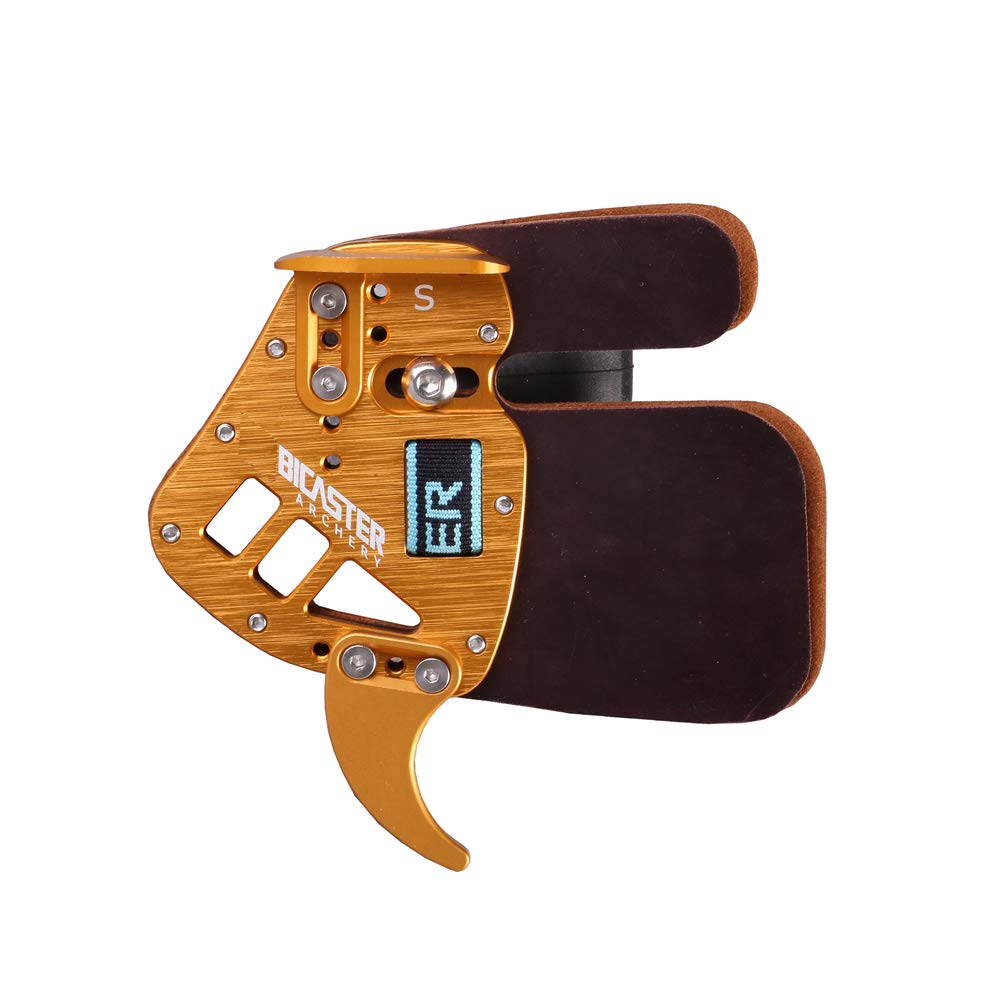 BICASTER Archery Finger Tab - Left Handed Genuine Leather + Aluminum Plate Adjustable for Recurve Bow (Small, Gold)