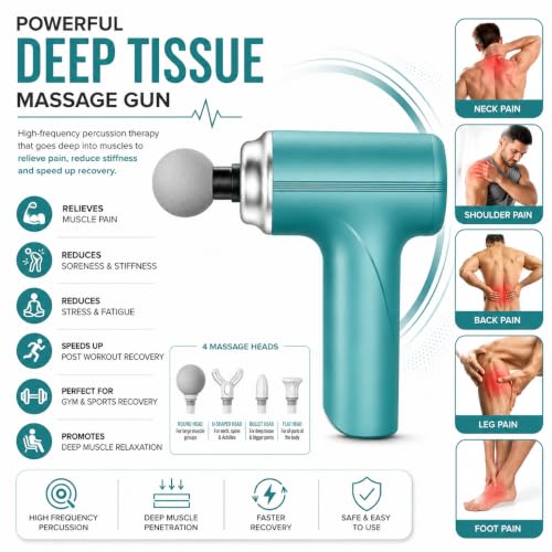 Image of Bouncefit MG-203 Portable Handheld Electric Massage Gun | Body Massager for Pain Relief | Massage Gun for Back, Leg & Full Body | 4 Speed Modes | Long Battery Life | 4 Specialized Heads For Full Body Pain Relief | Multicolour (A2-203)