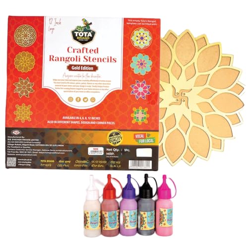 Image of TOTA Rangoli Stencil Corner - Set of 5 Rangoli Colour Bottles + 1 MDF Stencils | 12 X 12 inch | Reusable 3D Rangoli for Diwali Home Decoration Navratri Pongal Onam Puja