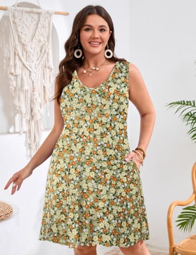Image of JollieLovin Women Plus Size Curvy Summer Tank Sun Dresses Sleeveless Causal T-Shirt Dress Beach Swing Cover up(L-5X)