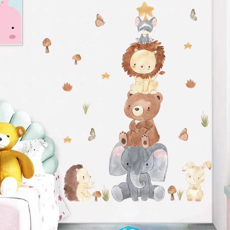 Stacked Animals Wall Stickers for Kids Room - 25 Pcs Watercolor Decals Elephant Bear Lion Raccoon - Removable Non-Toxic Self Adhesive for Nursery Bedroom Play School - Neutral Safari Woodland Wall Art-image-49