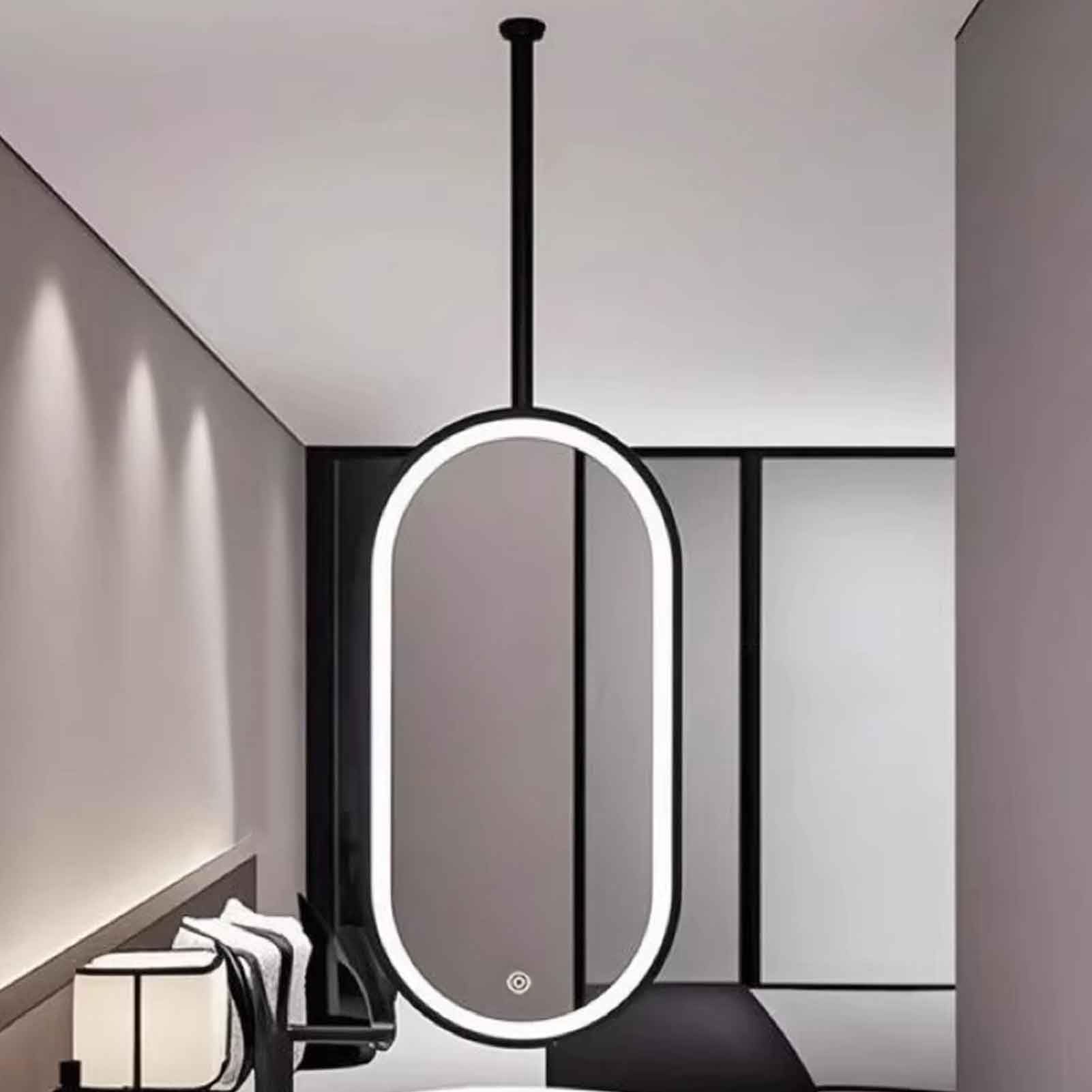 MESOVFCA Ceiling Vanity Mirror Large Wall Mirror, with Customizable Hanging Rod Home HD Mirrors Black Metal Framed Decor Floating Mirror(40cmx70cm)