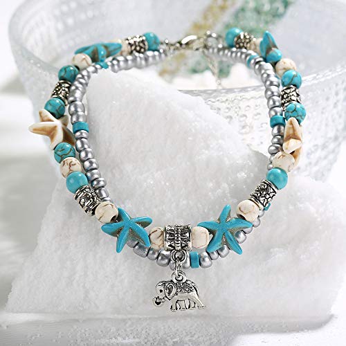 Image of Softones Blue Starfish Turtle Anklet Multilayer Charm Beads Sea Handmade Boho Anklet Foot Jewelry for Women