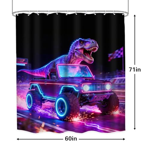 Image of Neon Dinosaur Shower Curtain Bathroom Set 60Wx71H Inches Cool Kids Boys Cartoon Racing Car Funny Dino Colorful Wheels Bath Accessories Interesting Animal Art Home Decor Fabric 12 Pack Hooks