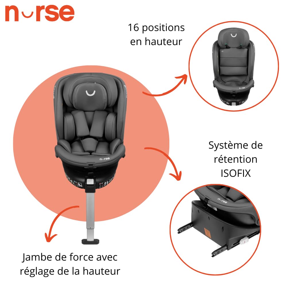 Nurse Titane Siège Auto i-Size 40–150 cm, Pivotant 360º, ISOFIX et Jambe de Support, Dos à la Route et Face à la Route, Protection Latérale, Gris