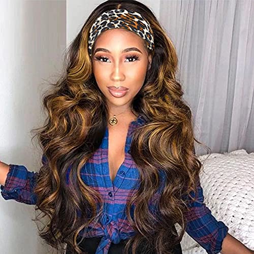 Nnzes Highlight Headband Wig Ombre Glueless Highlight Brown Wig Long Loose Wavy Headband Wigs for Black Women Synthetic Heat Resistant Fiber Wig for Daily Party Use