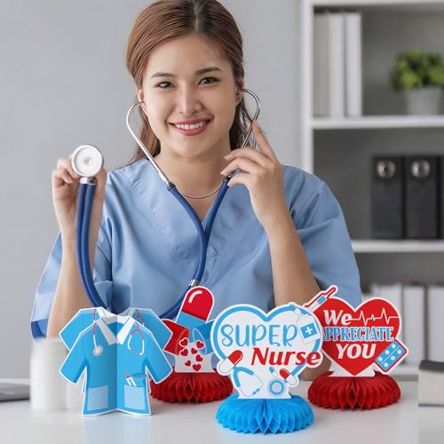 Image of 12 Pcs Nurse Party Honeycomb Centerpieces Nurse Graduation Party Decorations Nursing Day Appreciation Week Decorations Nursing Honeycomb Table Toppers for Medical Rn 2026 Grad Supplies