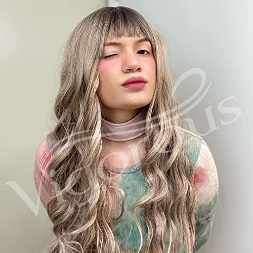 Vigorous Long Wavy Wig with Bangs Mix Brown to Blonde Color Synthetic Heat Resistant Long Wig with Bangs for Women Daliy Party