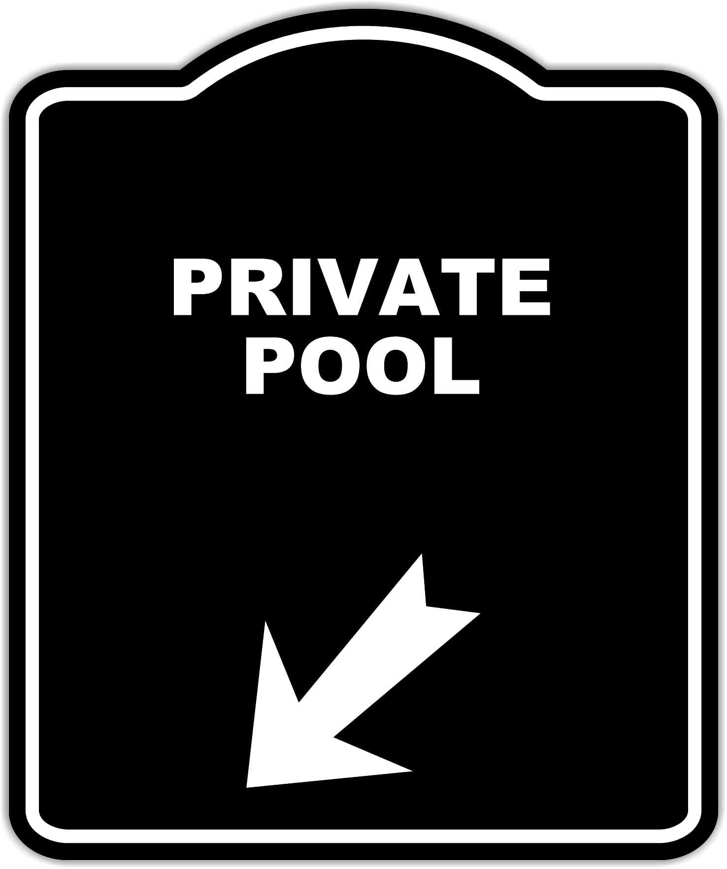 PRIVATE POOL Black Sign Arrow Down Left Aluminum Composite Sign 8.5 x 10 inches