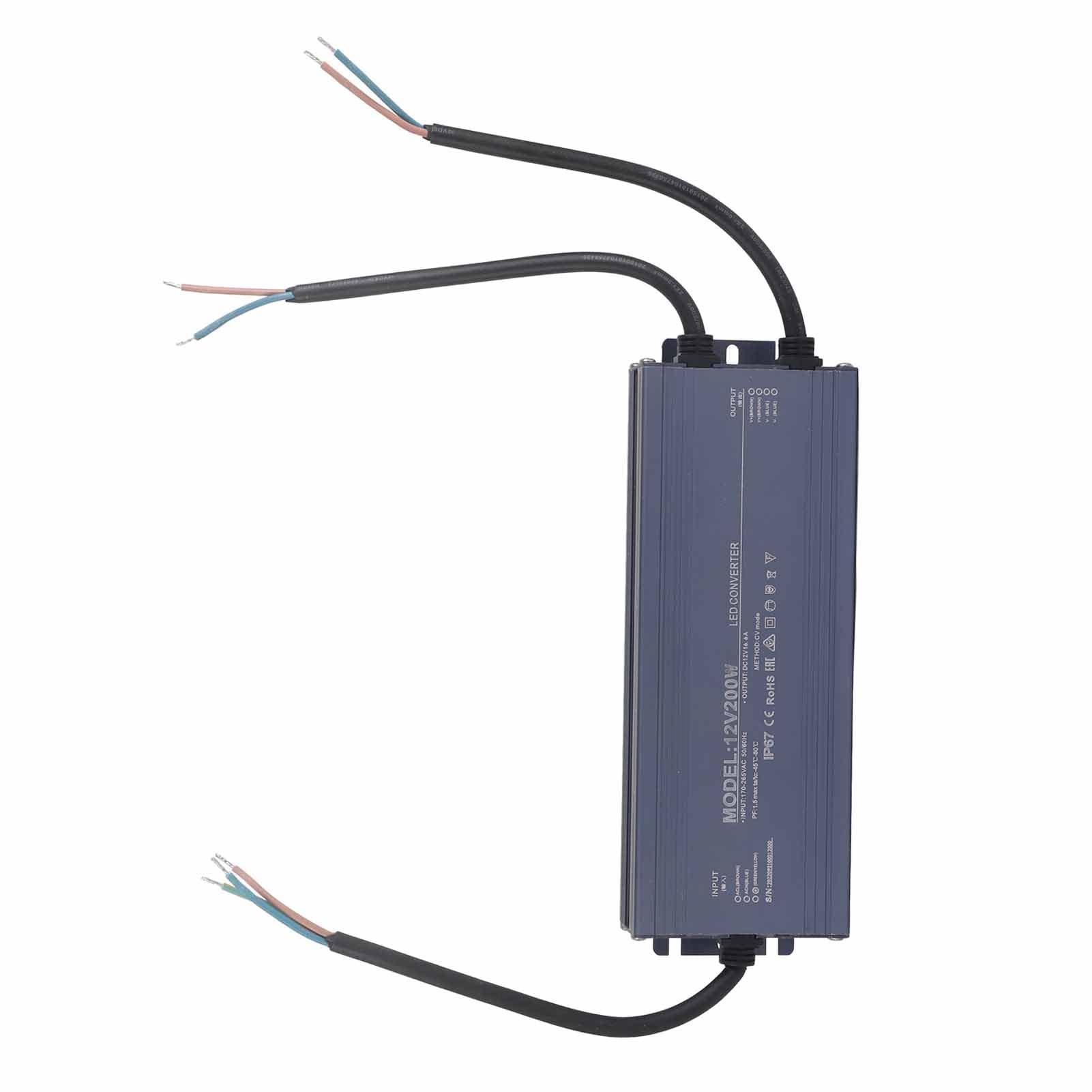 Wodoodporny Zasilacz 200W IP67 o Stałym Napięciu (12 V) | Obudowa ze Stopu Aluminium, Sterownik LED do Pasków i Szyldów, Przewód Zasilający z Rdzeniem Miedzianym, Kamery i Sprzęt