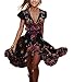 Vestito Lungo Donna Estivo Collo V Casual Elegante Bohemian Floreale Abito da Spiaggia Retro alla Moda Manica Corta Spacco Cocktail Vestito Formale (M, Nero)