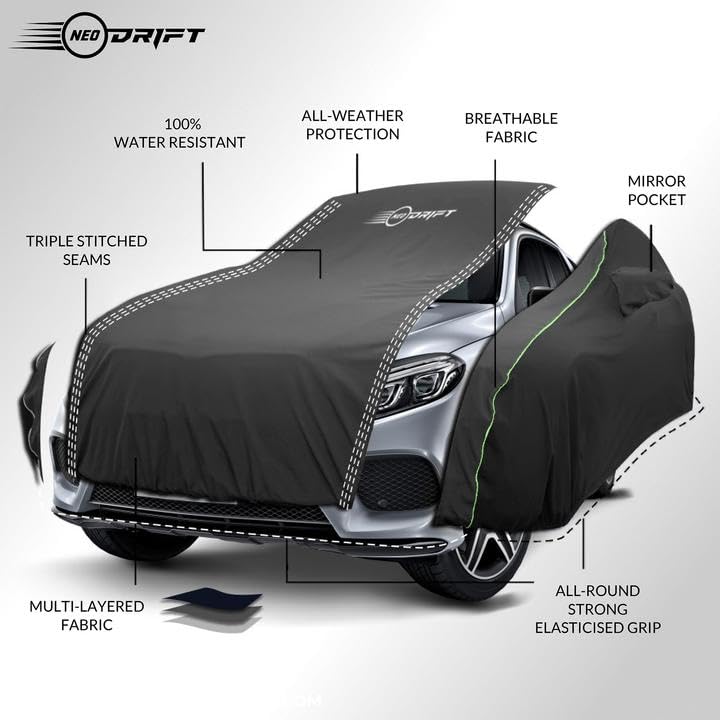 Image of NEODRIFT 'NeoTech' Car Cover for Tata Tiago (Back Long Antenna) (100% Water-Resistant, All Weather Protection, Tailored Fit, Multi-Layered & Breathable Fabric) (Colour: Black)