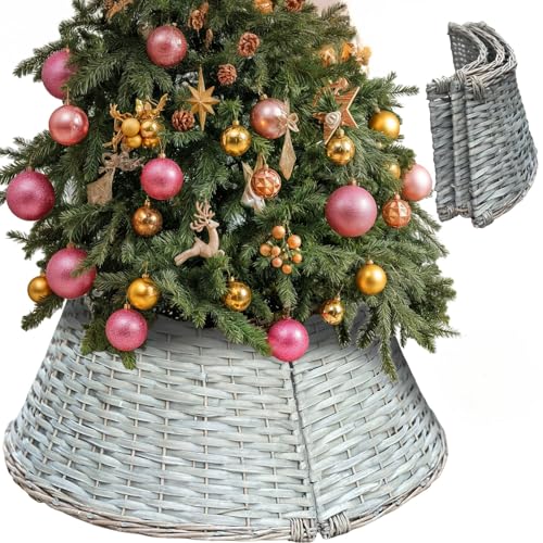 Wicker Christmas Tree Skirt - Large 60cm Foldable Woven Tree Collar Basket Base Natural Willow Stand Cover for Home & Office Decoration Fits 6ft and Below Trees