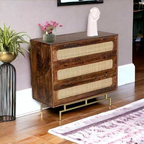 Image of Solid Wooden Atlanta Chest of Drawers | Chest of Drawers with Natural Cane /Rattan | Dresser- Tubaq Finish