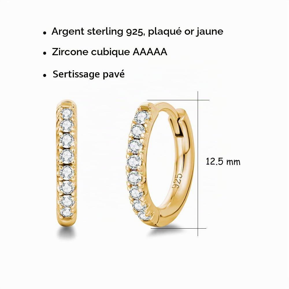 FANCIME Créoles Boucles D'oreilles petite pour Femme en Argent 925/1000 Plaqué Or Blanc/Jaune/Rose et Cristal Oxydes De Zirconium - Diamètre: 13 mm