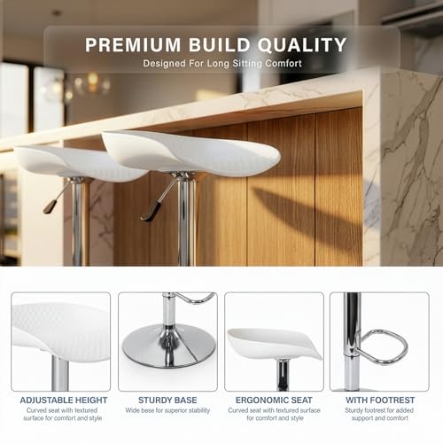Image of DIYA Seating Fizz Chrome Metal Bar Stool Chair (1 Year Warranty)- White | Adjustable Height Leatherette Upholstery, Durable Stool for Kitchen, Office, Cafe - (43 inchx38 inchx71 inch)