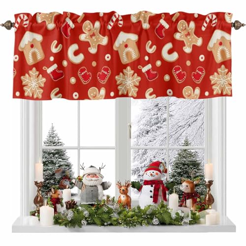 YOKOU Christmas Curtain Valance, Gingerbread Man Xmas Socks Glove Snowflake Candy Canes Red Short Rod Pocket Window Treatment for Living Room, Bedroom, Kitchen, Bathroom, 1 Panel, 54
