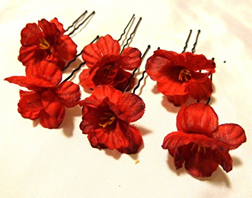 Small Red Hair Flower U Shaped Hair Pin Set of SIX 6