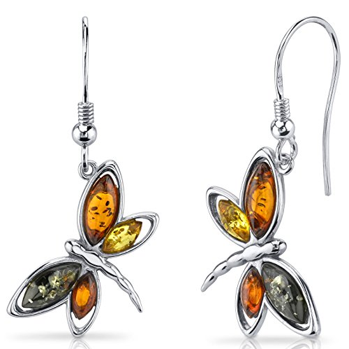 PEORA Genuine Baltic Amber Dragonfly Dangle Earrings for Women 925 Sterling Silver, Rich Multiple Colors, Fishhooks, Real Baltic Amber Earrings for Adults, 100% Natural from Baltic Region - Main Image
