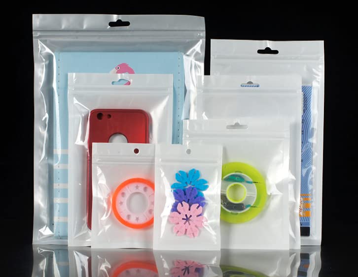 RIGHTPAK One Side Clear Pearl White 100 Pieces 12cm x 30cm Resealable Bags with Euro Hang Hole Zip Lock Pouch for Accessories
