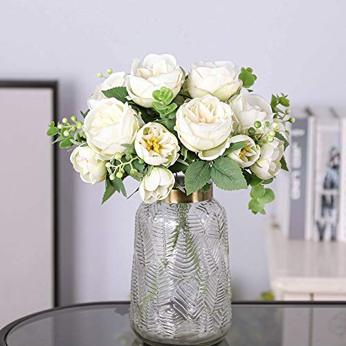Nubry Artificial Flowers 2 Bunches Fake Peony Silk Flowers Arrangements With Eucalyptus Leaves Faux Realistic Bouquet For Wedding Decoration Home Table Centerpiece (Cream White) #TOP1