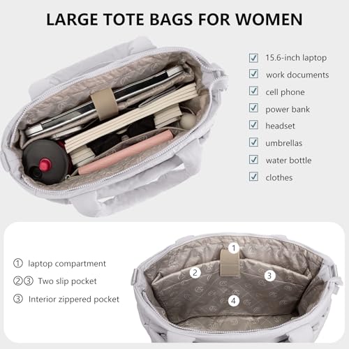 Image of Puffer Tote Bag for Women Quilted Nurse Bag Lightweight Work Bag for Teacher Travel Handbag with Multiple Pockets