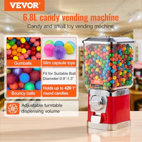 Image of VEVOR Gumball Machine for Kids, 17 inchH Home Candy Vending Machine, PC Gumball Dispenser, Bubble Gum Machine for Game Stores, Coin Operated Gumball Bank for Toy Capsules Bouncy Balls Candy, Red